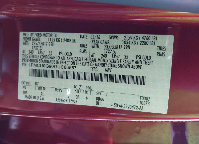 Photo 9 of 2016 Ford Escape SE (VIN 1FMCU0G90GUC66557)