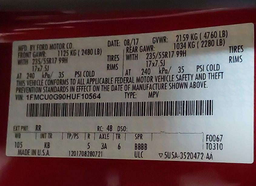 Photo 9 of 2017 Ford Escape SE (VIN 1FMCU0G90HUF10564)