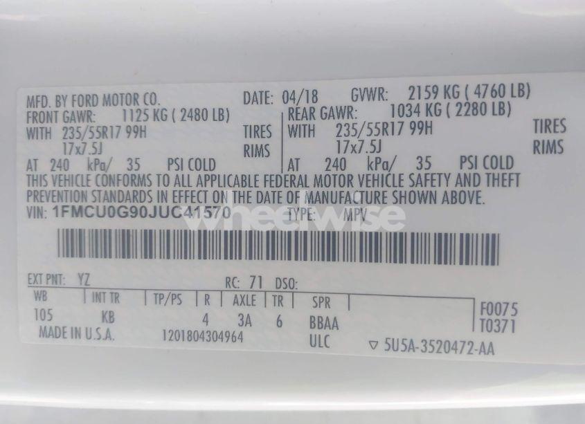 Photo 9 of 2018 Ford Escape SE (VIN 1FMCU0G90JUC41570)