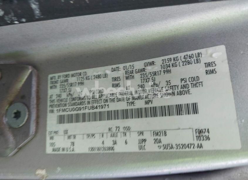 Photo 9 of 2015 Ford Escape SE (VIN 1FMCU0G91FUB41971)