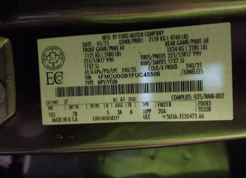 Photo 9 of 2015 Ford Escape SE (VIN 1FMCU0G91FUC45506)