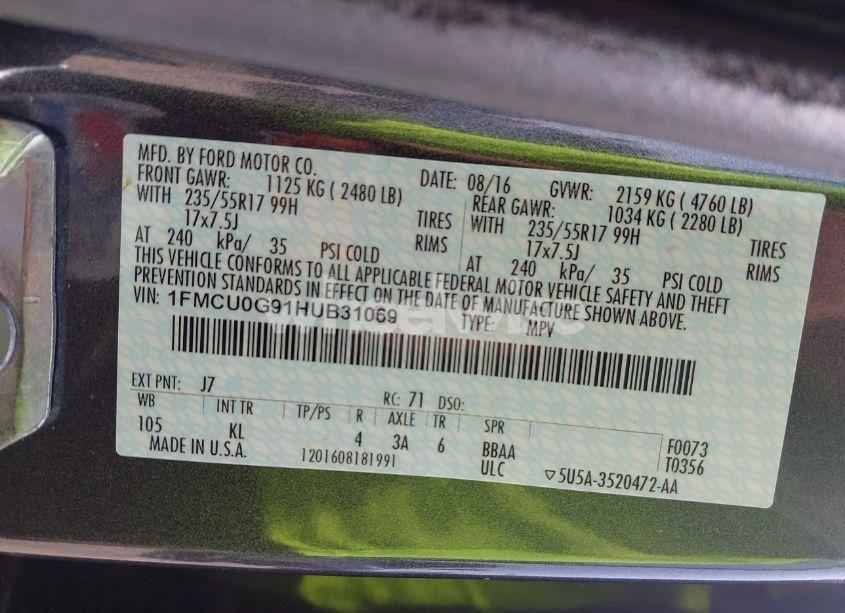 Photo 9 of 2017 Ford Escape SE (VIN 1FMCU0G91HUB31069)