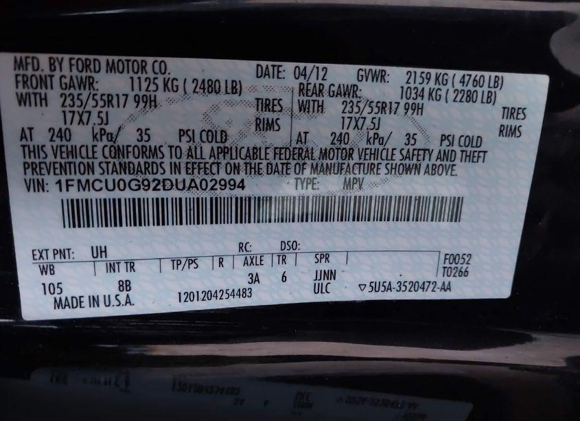 Photo 9 of 2013 Ford Escape SE (VIN 1FMCU0G92DUA02994)