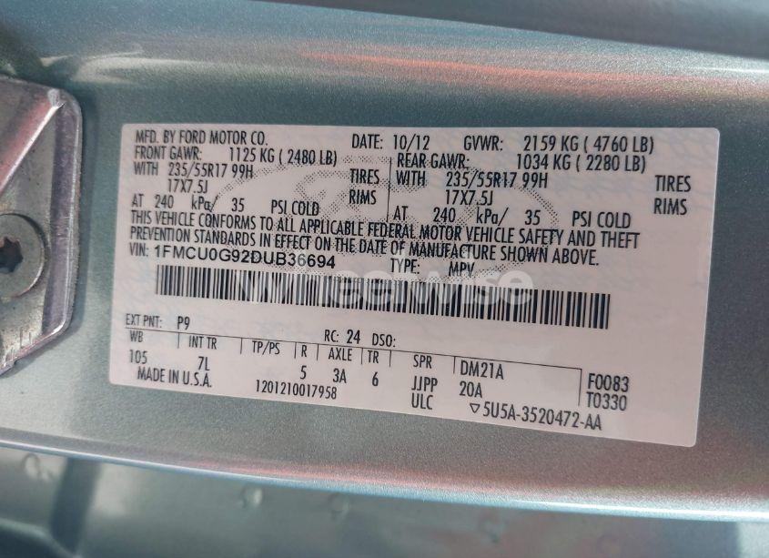 Photo 9 of 2013 Ford Escape SE (VIN 1FMCU0G92DUB36694)