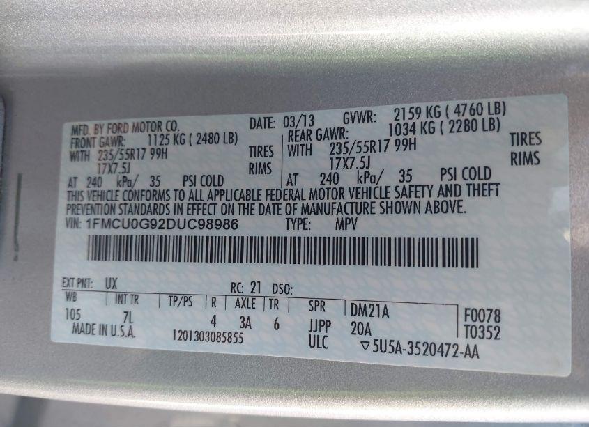 Photo 9 of 2013 Ford Escape SE (VIN 1FMCU0G92DUC98986)