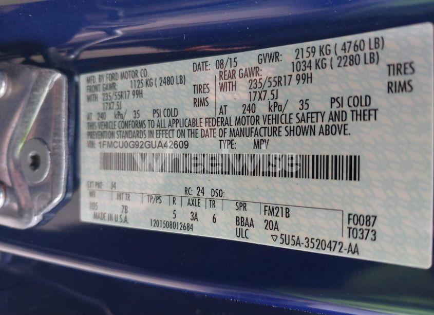 Photo 9 of 2016 Ford Escape SE (VIN 1FMCU0G92GUA42609)