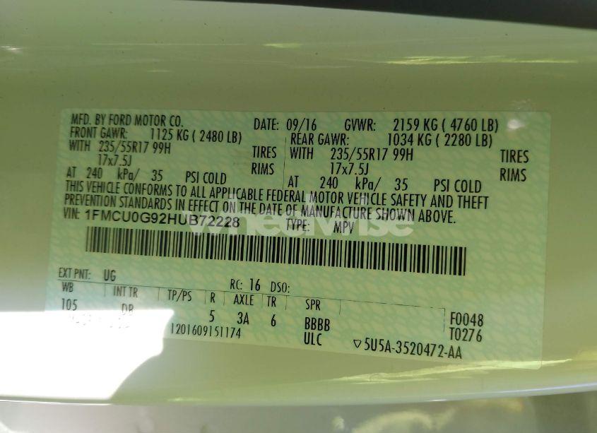 Photo 9 of 2017 Ford Escape SE (VIN 1FMCU0G92HUB72228)