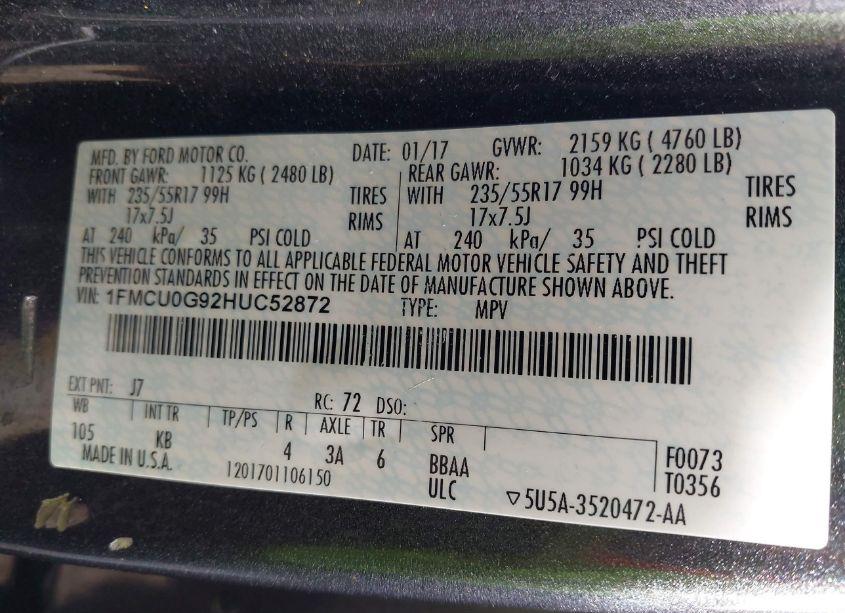 Photo 9 of 2017 Ford Escape SE (VIN 1FMCU0G92HUC52872)