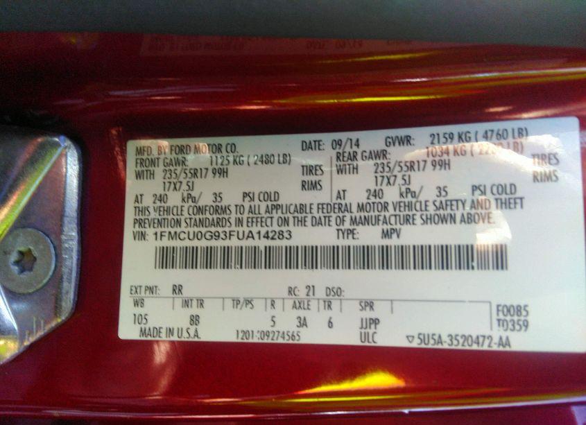 Photo 9 of 2015 Ford Escape SE (VIN 1FMCU0G93FUA14283)