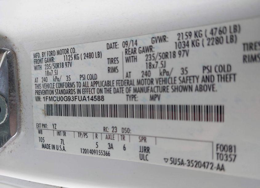 Photo 9 of 2015 Ford Escape SE (VIN 1FMCU0G93FUA14588)