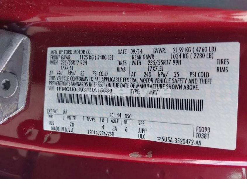 Photo 9 of 2015 Ford Escape SE (VIN 1FMCU0G93FUA15689)