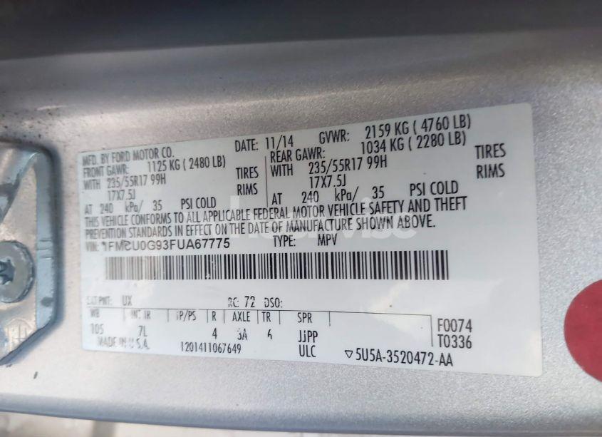 Photo 9 of 2015 Ford Escape SE (VIN 1FMCU0G93FUA67775)