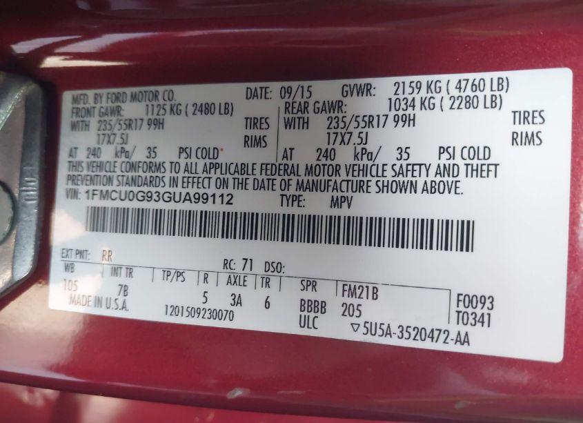 Photo 9 of 2016 Ford Escape SE (VIN 1FMCU0G93GUA99112)