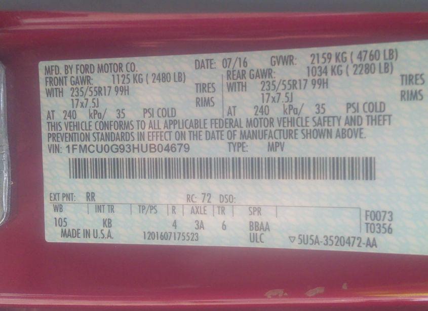 Photo 9 of 2017 Ford Escape SE (VIN 1FMCU0G93HUB04679)