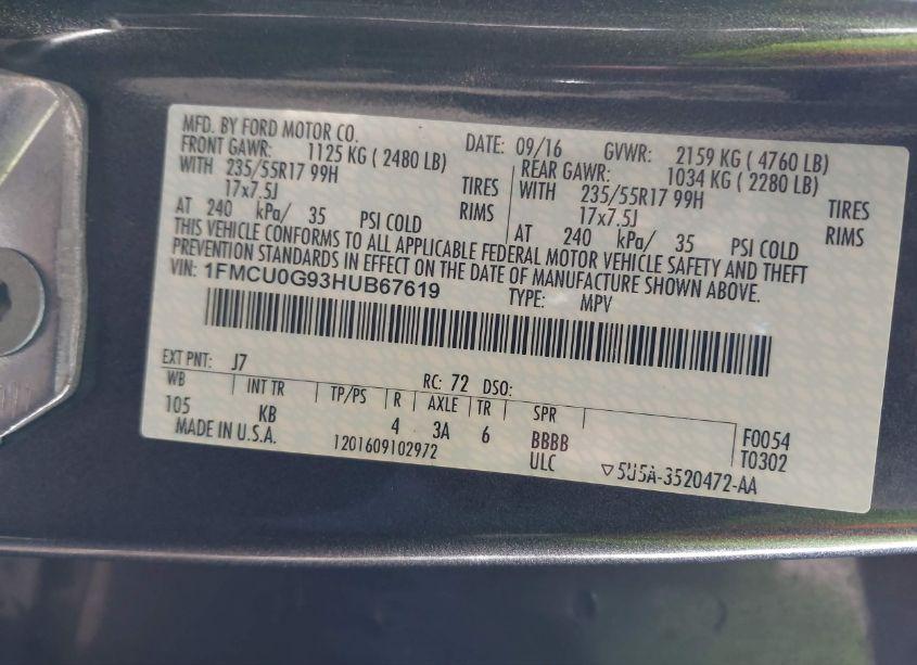 Photo 9 of 2017 Ford Escape SE (VIN 1FMCU0G93HUB67619)