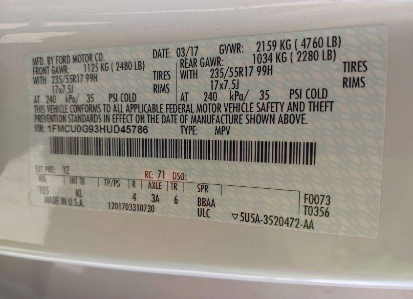 Photo 9 of 2017 Ford Escape SE (VIN 1FMCU0G93HUD45786)