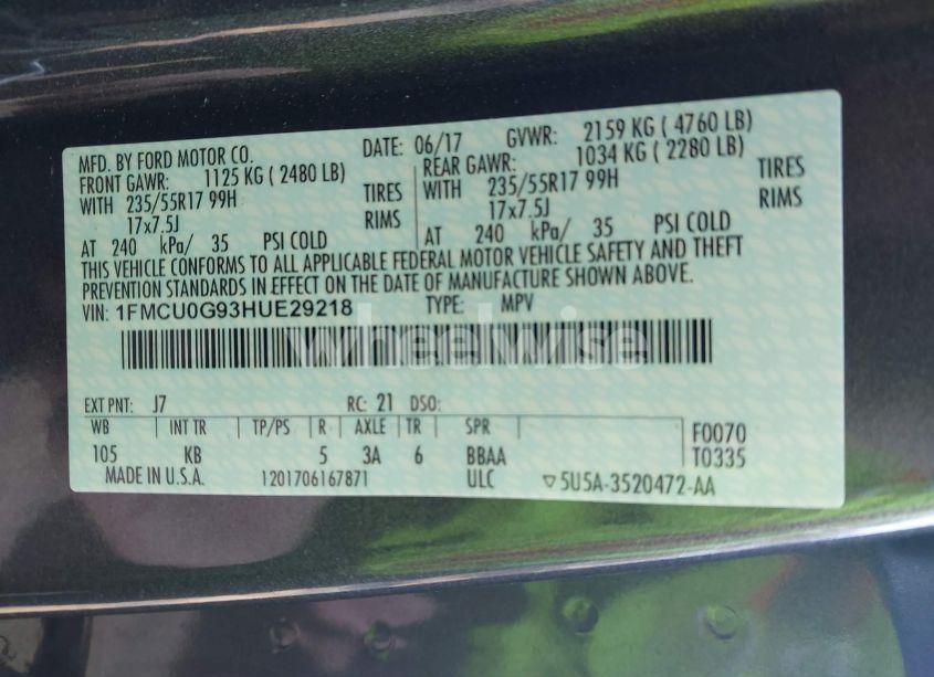 Photo 9 of 2017 Ford Escape SE (VIN 1FMCU0G93HUE29218)