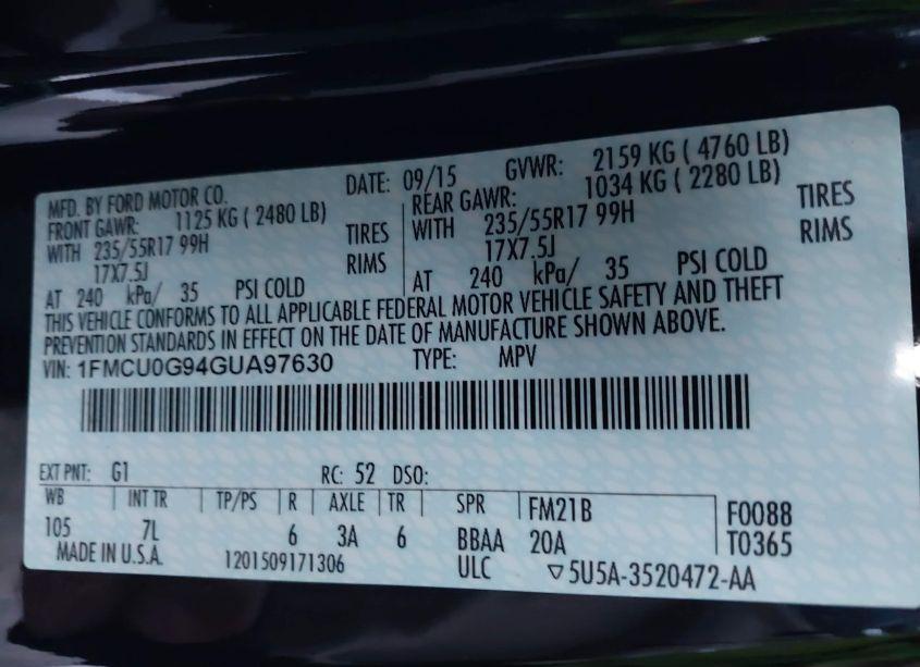 Photo 9 of 2016 Ford Escape SE (VIN 1FMCU0G94GUA97630)