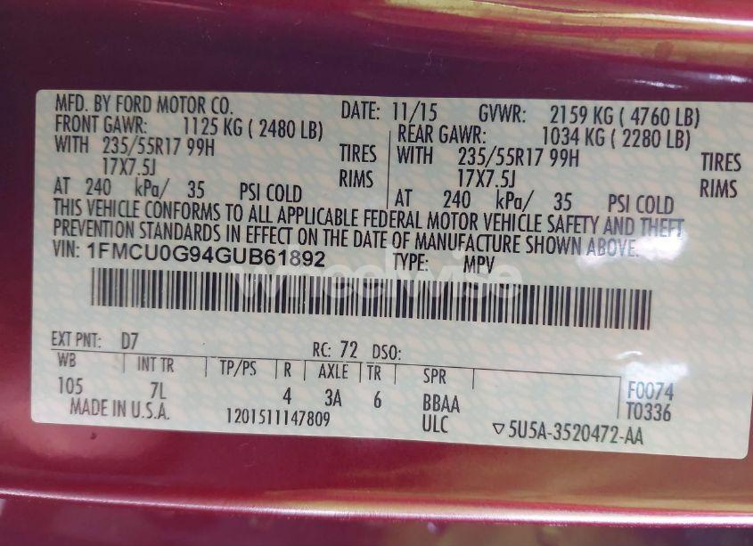 Photo 9 of 2016 Ford Escape SE (VIN 1FMCU0G94GUB61892)