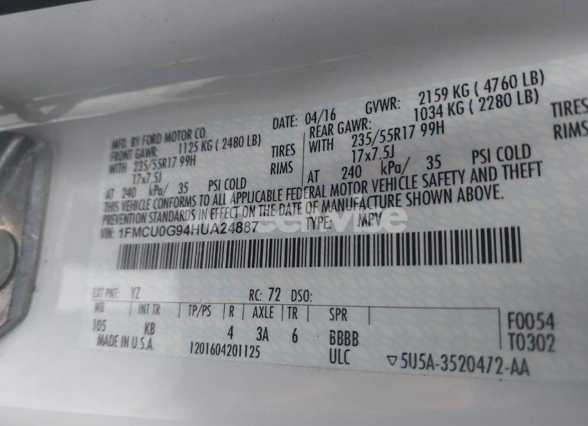 Photo 9 of 2017 Ford Escape SE (VIN 1FMCU0G94HUA24887)