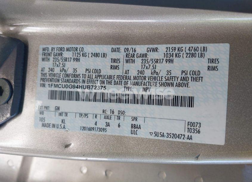 Photo 9 of 2017 Ford Escape SE (VIN 1FMCU0G94HUB72375)