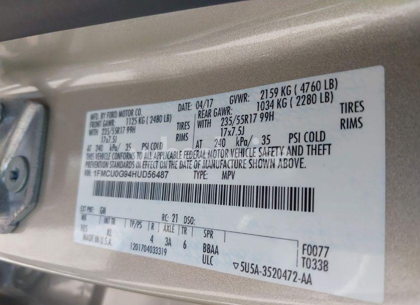 Photo 9 of 2017 Ford Escape SE (VIN 1FMCU0G94HUD56487)