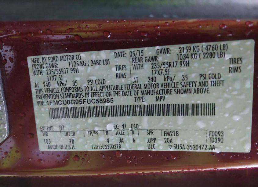 Photo 9 of 2015 Ford Escape SE (VIN 1FMCU0G95FUC58985)