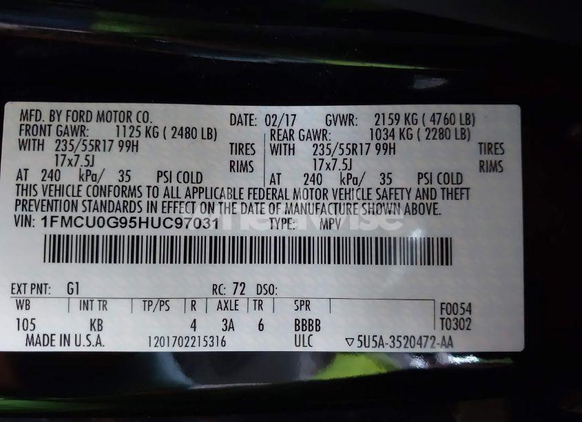 Photo 9 of 2017 Ford Escape SE (VIN 1FMCU0G95HUC97031)