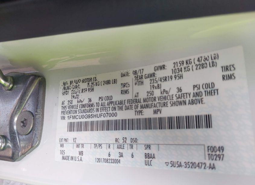 Photo 9 of 2017 Ford Escape SE (VIN 1FMCU0G95HUF07000)