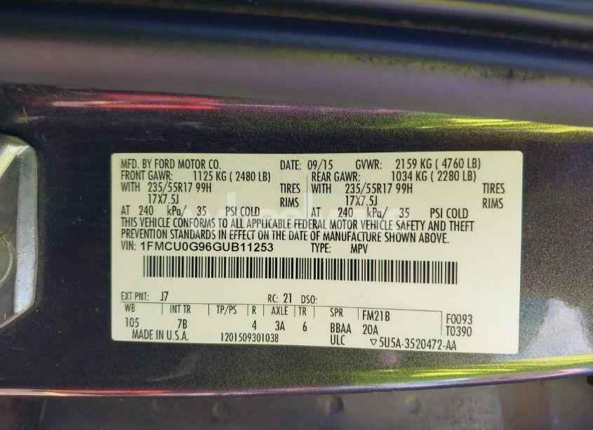 Photo 9 of 2016 Ford Escape SE (VIN 1FMCU0G96GUB11253)