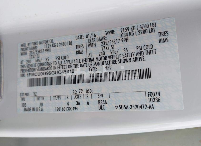 Photo 9 of 2016 Ford Escape SE (VIN 1FMCU0G96GUC45910)