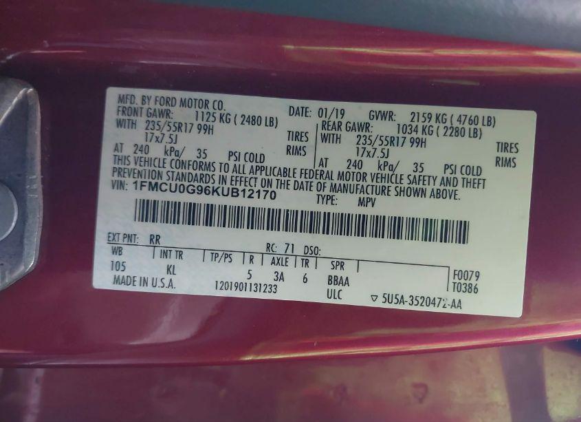 Photo 9 of 2019 Ford Escape SE (VIN 1FMCU0G96KUB12170)