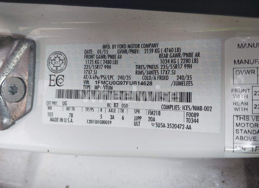 Photo 9 of 2015 Ford Escape SE (VIN 1FMCU0G97FUB14628)