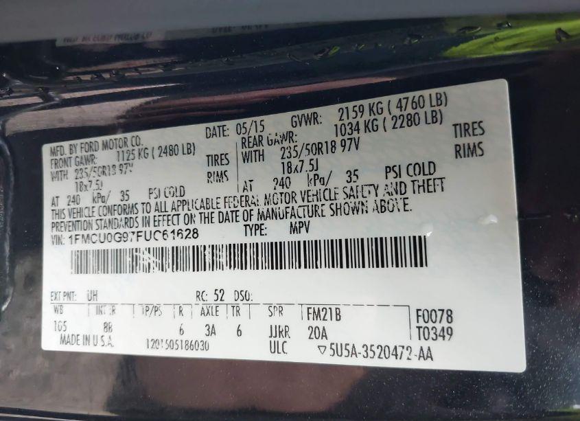 Photo 9 of 2015 Ford Escape SE (VIN 1FMCU0G97FUC61628)