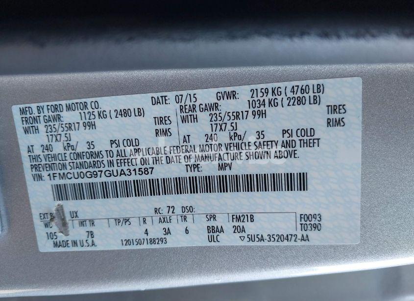 Photo 9 of 2016 Ford Escape SE (VIN 1FMCU0G97GUA31587)