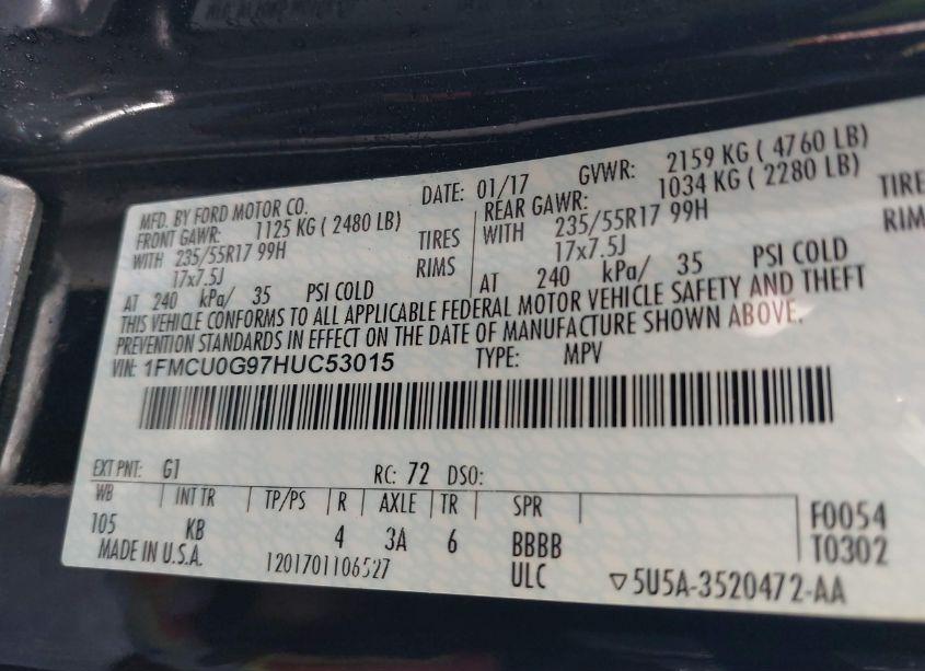 Photo 9 of 2017 Ford Escape SE (VIN 1FMCU0G97HUC53015)