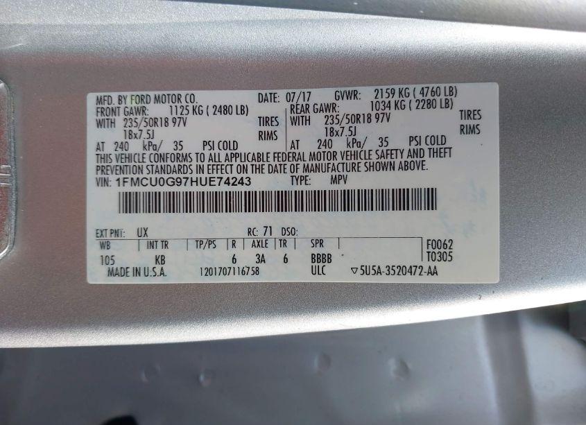 Photo 9 of 2017 Ford Escape SE (VIN 1FMCU0G97HUE74243)