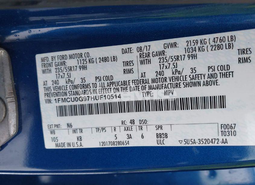 Photo 9 of 2017 Ford Escape SE (VIN 1FMCU0G97HUF10514)