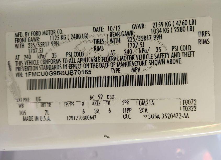 Photo 9 of 2013 Ford Escape SE (VIN 1FMCU0G98DUB70185)