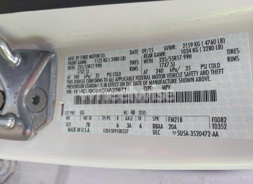 Photo 9 of 2016 Ford Escape SE (VIN 1FMCU0G98GUA95671)