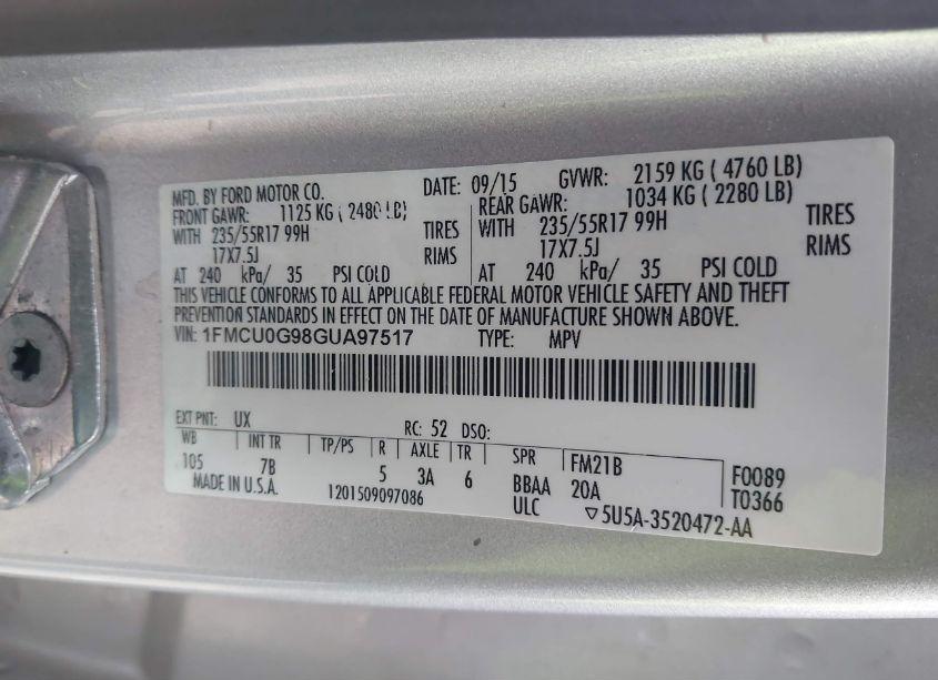 Photo 9 of 2016 Ford Escape SE (VIN 1FMCU0G98GUA97517)