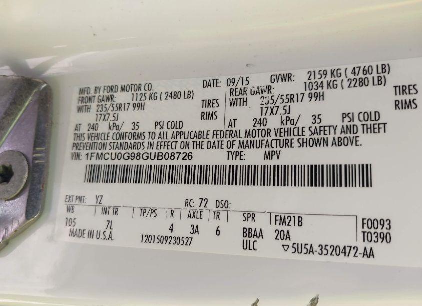 Photo 9 of 2016 Ford Escape SE (VIN 1FMCU0G98GUB08726)