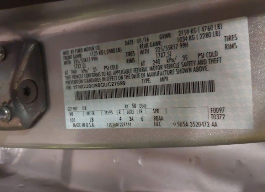 Photo 9 of 2016 Ford Escape SE (VIN 1FMCU0G98GUC27599)