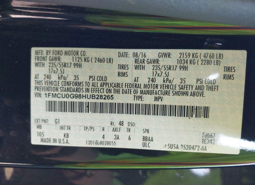 Photo 9 of 2017 Ford Escape SE (VIN 1FMCU0G98HUB28265)