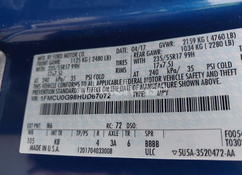 Photo 9 of 2017 Ford Escape SE (VIN 1FMCU0G98HUD67072)