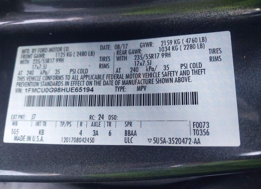 Photo 9 of 2017 Ford Escape SE (VIN 1FMCU0G98HUE65194)