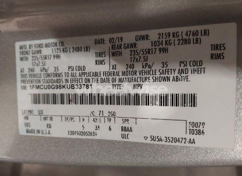 Photo 9 of 2019 Ford Escape SE (VIN 1FMCU0G98KUB33781)