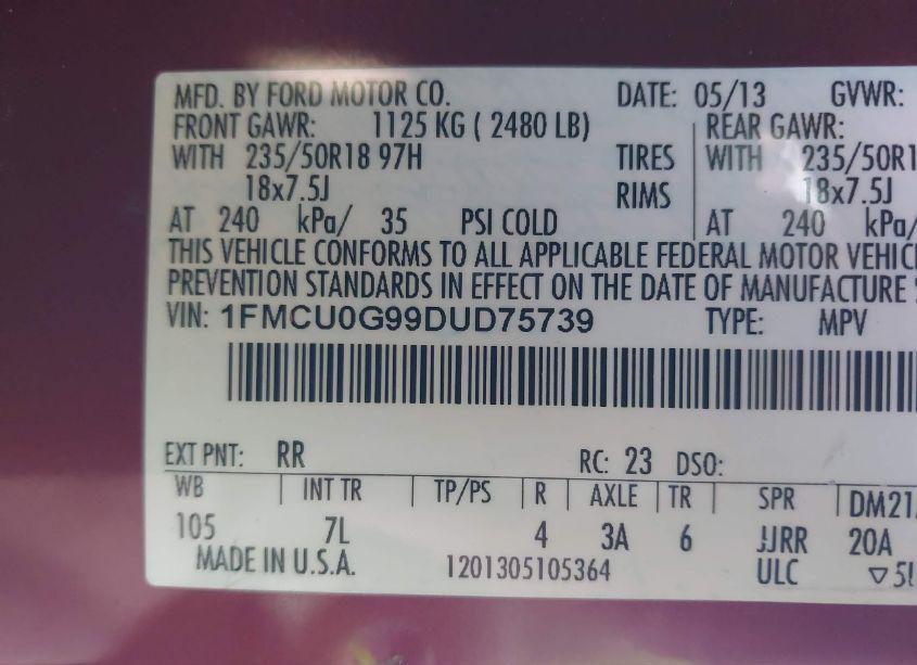 Photo 9 of 2013 Ford Escape SE (VIN 1FMCU0G99DUD75739)