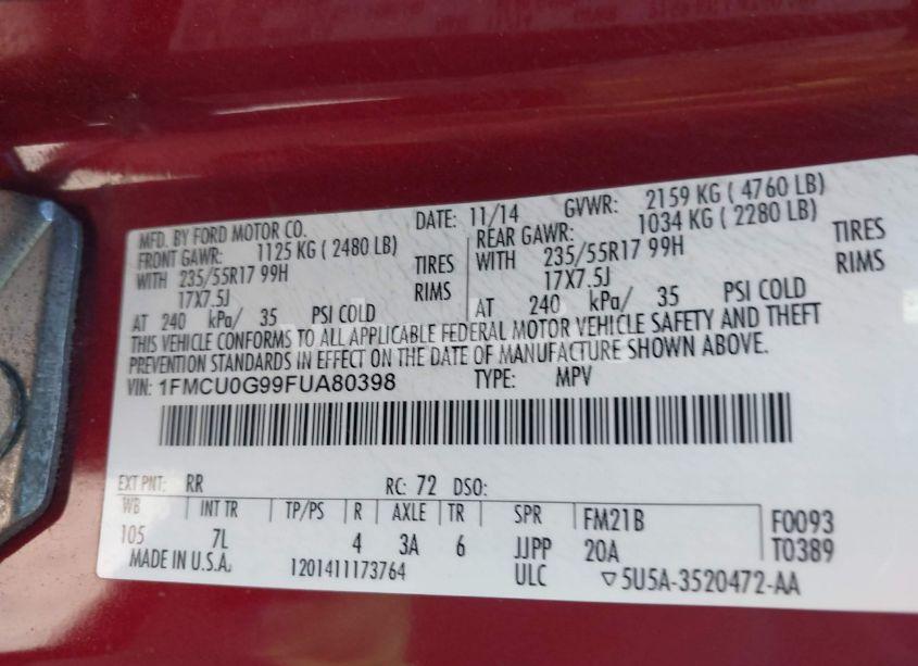 Photo 9 of 2015 Ford Escape SE (VIN 1FMCU0G99FUA80398)