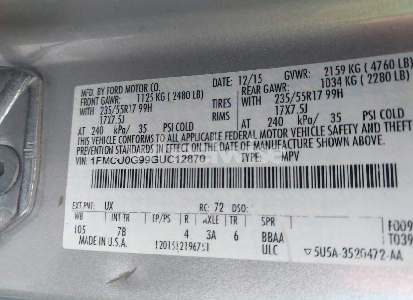 Photo 9 of 2016 Ford Escape SE (VIN 1FMCU0G99GUC12870)